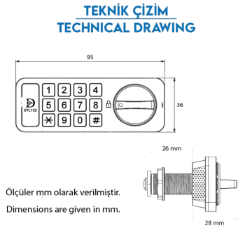 DTL122 Şifreli Tuşlu Soyunma Dolabı Ve Çekmece Kabin Kilidi Şarjlı Siyah (Yatay)